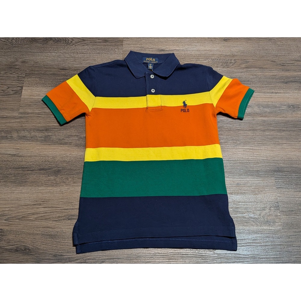 Polo Ralph Lauren‎ Boys Small 8 Colorblock Stripe Polo Shirt Navy Orange Yellow